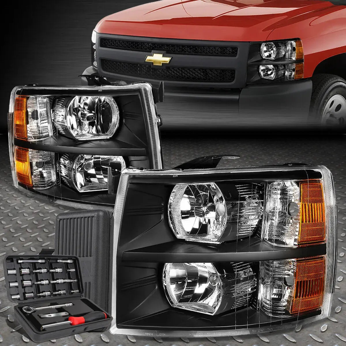 Headlights Assembly For 2003 2004 2005 2006 Chevy Silverado 1500 2500, 03-06 Avalanche (Non Body Cladding Models) Headlamp With Bumper Lights, Black Hoing Amber Side - Foto 13