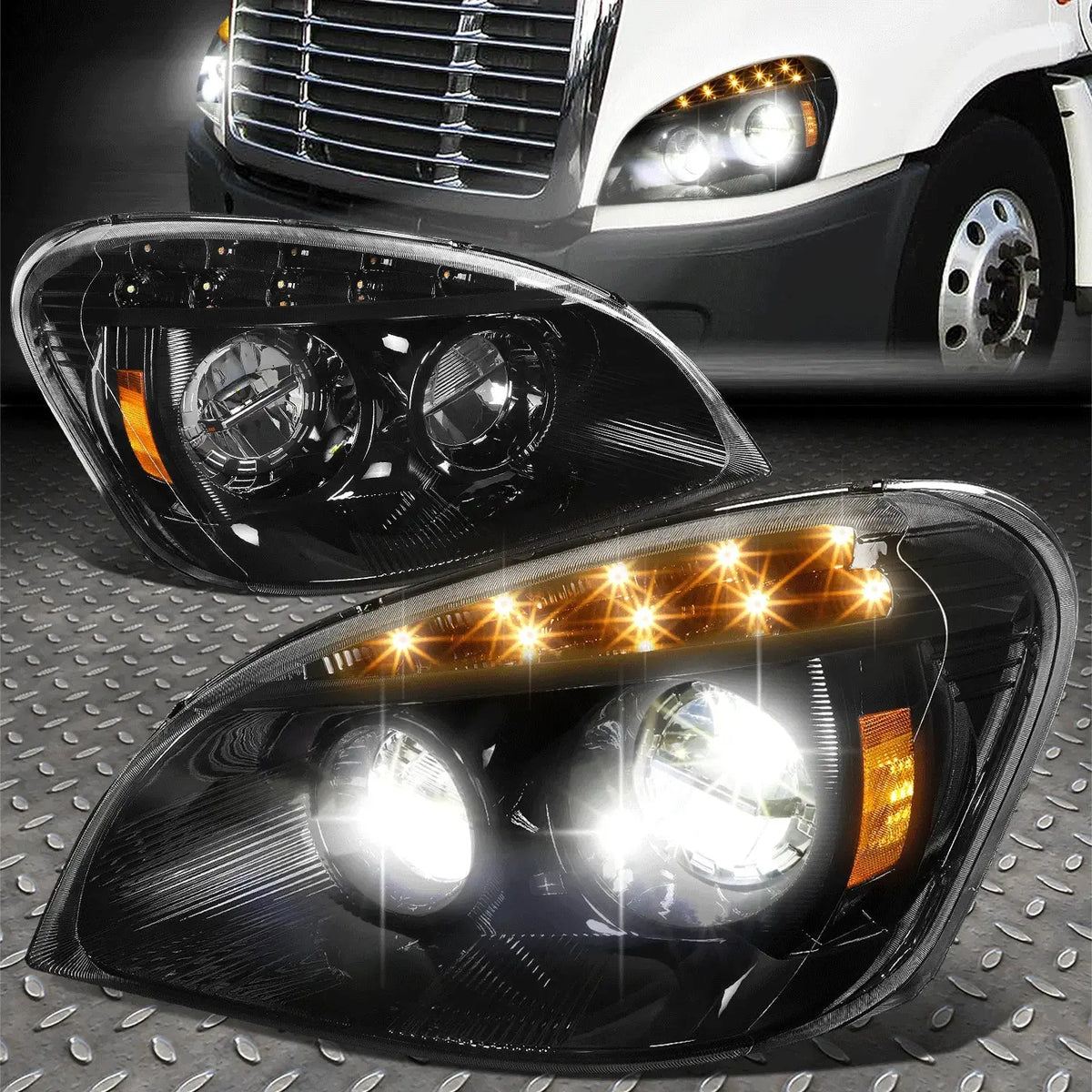 0817 Freightliner Cascadia Full Led Amber Turn Signal Headlights Blac