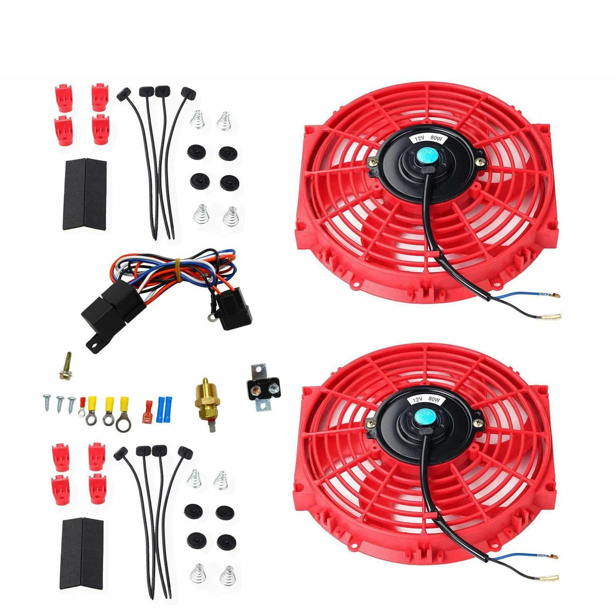 2X 10" Red Electric Radiator Cooling Fan W/ +Thermostat Relay & Mounti