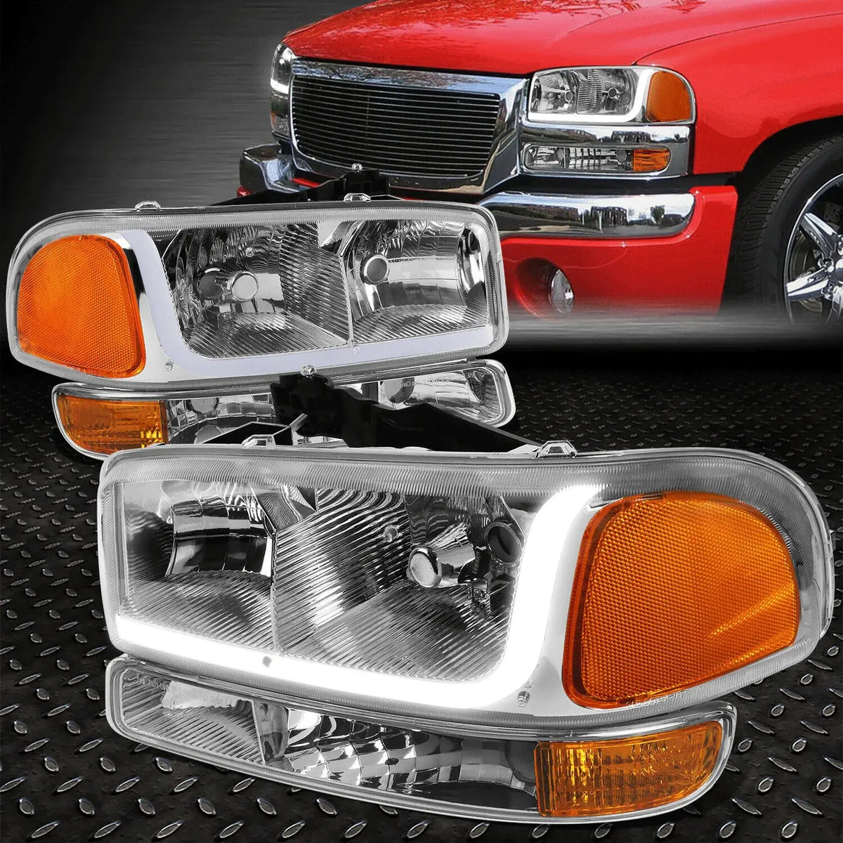 9907 Gmc Sierra/Yukon Led Drl Chrome Amber Headlights W/Bumper Signal