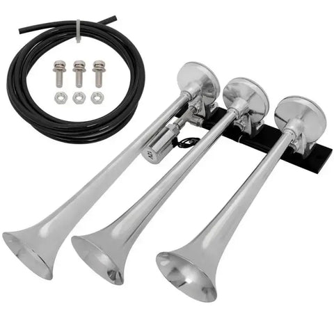 135dB 12v 3 Trumpets Chrome Plated Air Horn Kit For Truck Car SUV Raging Sound ECCPP