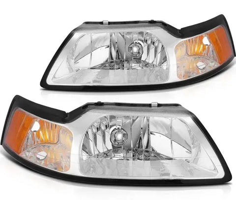 1999-2004 Ford Mustang Headlights Assembly Driver and Passenger Side Chrome Housing ECCPP