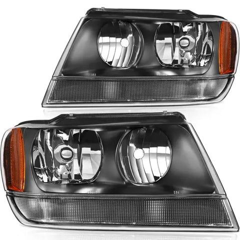 1999-2004 Jeep Grand Cherokee Black Housing Headlights Assembly Driver and Passenger Side ECCPP