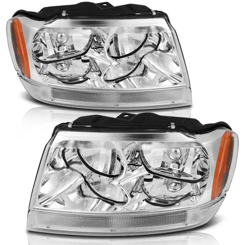 1999-2004 Jeep Grand Cherokee Headlights Assembly Driver and Passenger Side Chrome Housing ECCPP