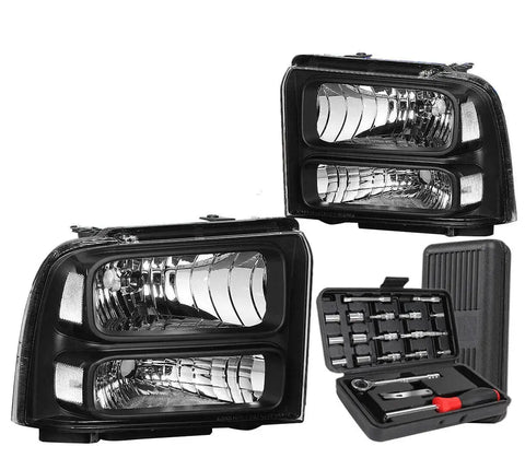 2005-2007 Ford F250 F350 Super Duty Crystal Headlight Head Lamp+Tools Black DNA MOTORING