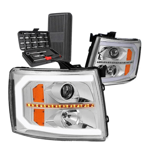 2007-2014 Silverado Sequential Chrome Amber Side Projector Headlights+Tools DNA MOTORING