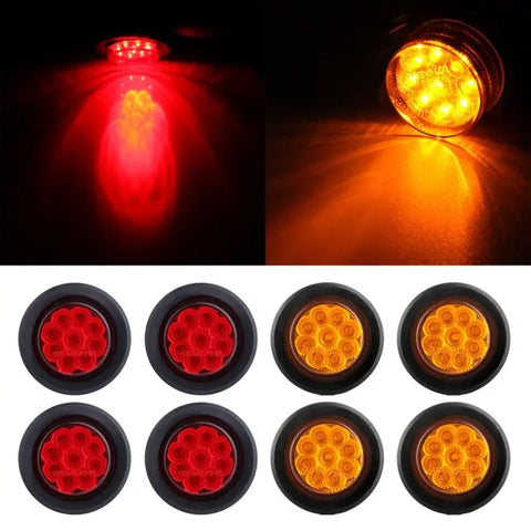 8pcs 2 inch Amber Red Round 9 LED Side Marker tail light Trailer truck 12V ECCPP