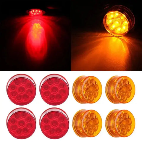 8x Red +Amber 2 inch 9 LEDRound Side Marker Turn Signal Tail Light Clearance ECCPP