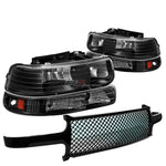 99-02 Silverado Black Headlight+Bumper Signal Light+Front Mesh Grill Guard DNA MOTORING