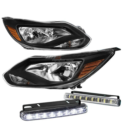 12-14 Ford Focus Mk3 1P Black/Amber Side Turn Corner Headlight+Led Fog Lamp DNA MOTORING