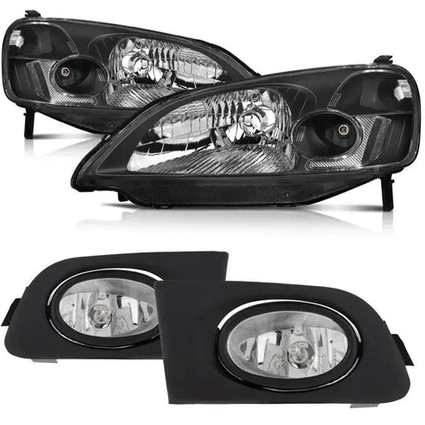 Black Fits 2001-2003 Honda Civic Front Headlights Assembly With Fog Lights Set ECCPP