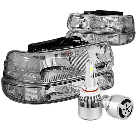 Chrome Housing Headlight Clear Corner+White Led 9006 Hid+Fan Fit 99-02 Silverado DNA MOTORING