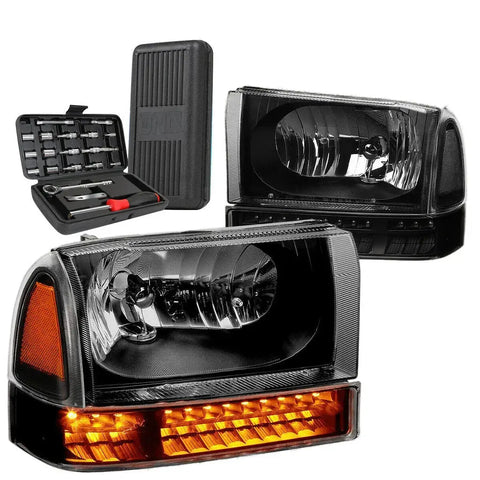 1999-2004 Ford Super Duty Led Turn Signal Headlight Lamps+Tools Black/Clear DNA MOTORING