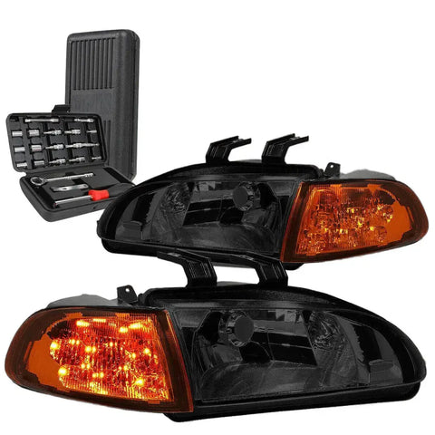 1992-1995 Honda Civic Led Turn Signal Headlight Head Lamp+Tools Smoked/Clear DNA MOTORING