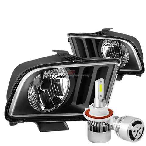 Black Housing Headlight+Clear Corner+White Led H13 Hid W/Fan Fit 05-09 Mustang DNA MOTORING