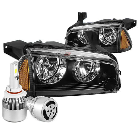 Black Housing Headlight+Amber Corner+White Led 9006 Hid W/Fan Fit 06-10 Charger DNA MOTORING