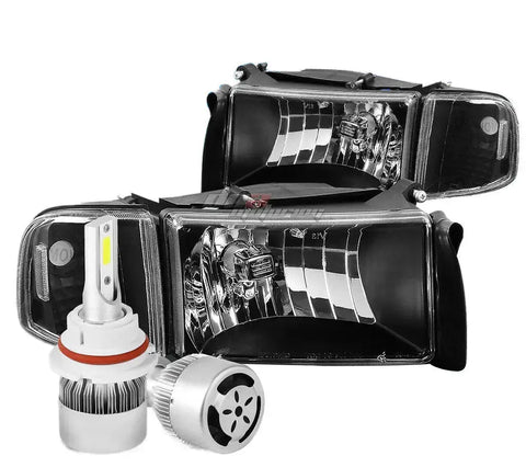 Black Housing Headlight+Clear Light+White Led 9004 Hid W/Fan Fit 94-02 Ram Truck DNA MOTORING