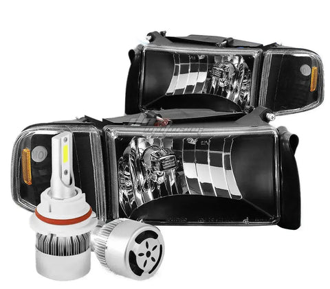 Black Housing Headlight+Amber Light+White Led 9004 Hid W/Fan Fit 94-02 Ram Truck DNA MOTORING