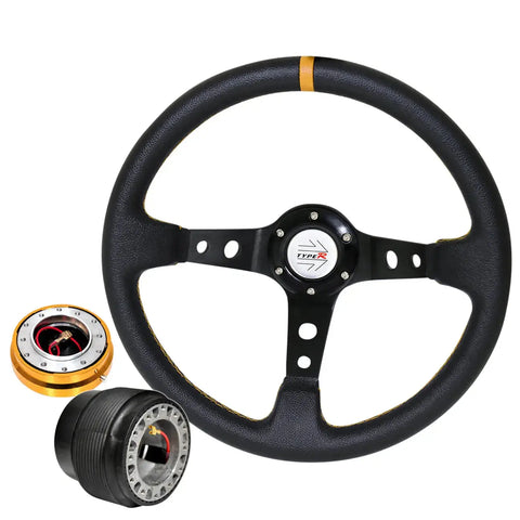 For 90-93 Integra Hub Gold Release Deep Dish Black Steering Wheel Yellow Type-R AJP DIST