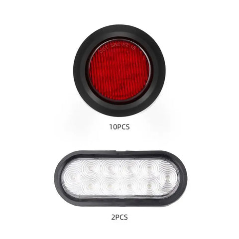10pcs 2.5" Round Side Marker Light w/Grommets 13LED Red and 2pcs 6'' Oval Stop Tail Light 10LED White for 1998-2004 Ford F-150 ECCPP