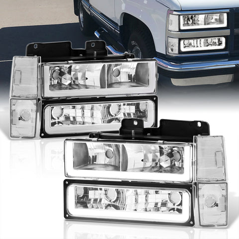 Chevrolet C/K 1500 2500 3500 1988-1993 LED DRL Bar Factory Style Headlights + Bumpers + Corners Chrome Housing Clear Len Clear Reflector
