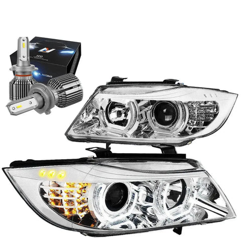 2009-2012 Bmw E90 3D Led U-Halo Headlight Lamps W/Led Kit+Cool Fan Chrome DNA MOTORING