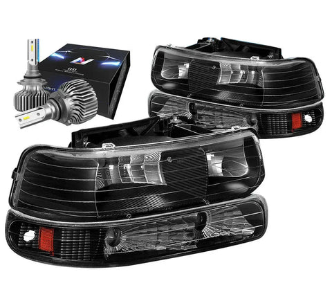 1999-2002 Chevy Silverado Tahoe Headlight Bumper Lamp W/Led Slim Style Black DNA MOTORING