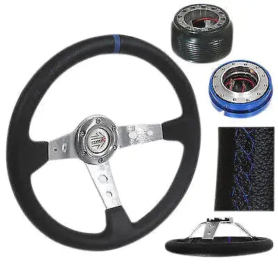 *New* 88-91 Civic Deep Dish Steering Wheel + Adapter Hub + Quick Release Blue AJP DIST