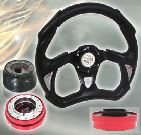 *New* 90-97 Accord All Black Steering Wheel + Adapter Hub + Quick Release Red AJP DIST