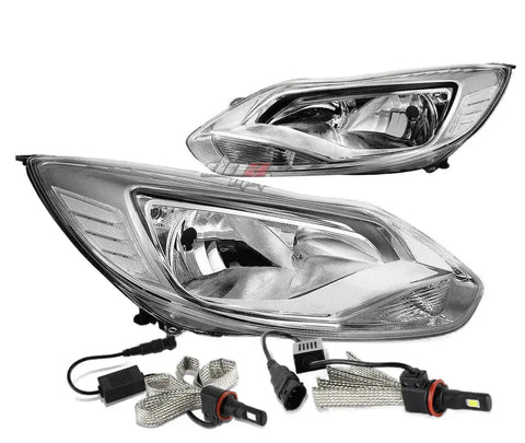 Pair Chrome Housing Clear Side Headlight+6000K Hid Led Bulb Fit 12-14 Ford Focus DNA MOTORING