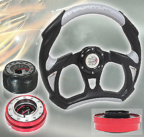 *New* 92-95 Civic Black/Silver Steering Wheel + Adapter Hub + Quick Release Red AJP DIST