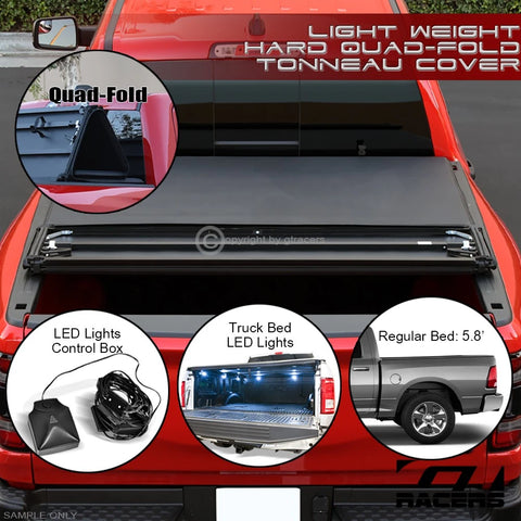 19-24 Ram 1500 5.7'/5.8' Bed Lightweight Hard Quad 4-Fold Tonneau Cover+LED