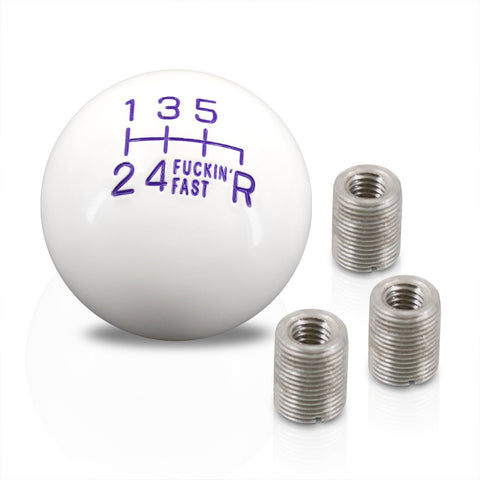 Universal 6 Speed M8 M10 M12 Fuckin' Fast Ball Shift Knob White with Purple Lettering (Bottom Right Reverse)