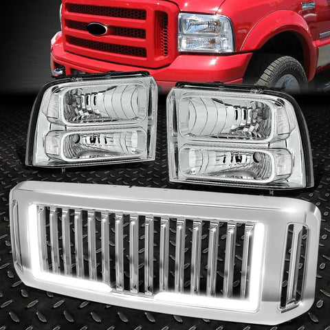 05-07 Ford F250-F550 Chrome/Clear Headlights+Led Drl Vertical Front Grille Speed Daddy