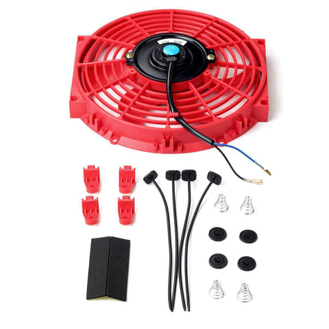 10'' Red Slim Fan Push Pull Electric Radiator Cooling 12V Mount Universal Kit SILICONEHOSEHOME