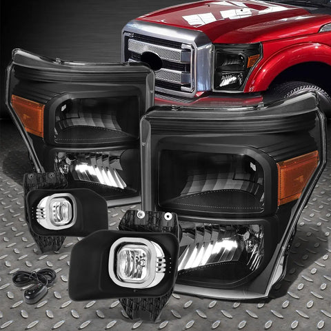11-16 Ford F250-F550 Sd Black/Amber Headlight+Crystal Fog Lamp+Bezel+Switch Speed Daddy