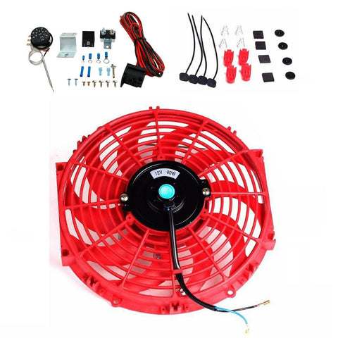 12"Slim Push Electric Radiator Cooling Fan+3/8" Auto Relay Wire Thermostat Red SILICONEHOSEHOME