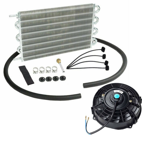 15-1/2" Radiator Transmission Oil Cooler Aluminum + 7" Cooling Fan Kit Universal SILICONEHOSEHOME