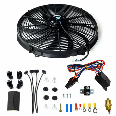 16"ELECTRIC RADIATOR FAN HIGH 3000 CFM THERMOSTAT WIRING SWITCH RELAY KIT BLACK F1 Racing