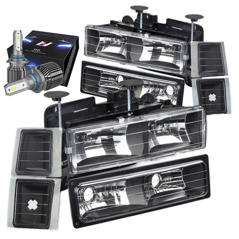 1994-1999 Chevy C10 C/K Pickup Truck Headlights W/Led Kit+Cool Fan Black DNA MOTORING