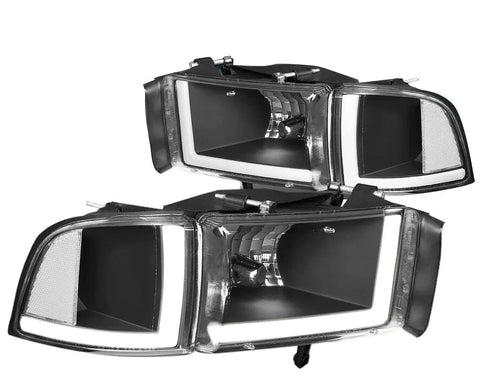 1994-2002 Dodge Ram Pair Black Housing Clear Side Led Drl Headlight/Lamps DNA MOTORING