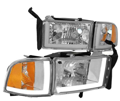 1994-2002 Dodge Ram Pair Chrome Housing Amber Side Led Drl Headlight/Lamps DNA MOTORING