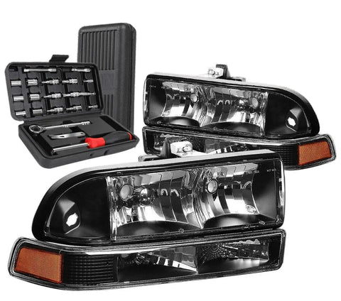 1998-2004 Chevy S10 Pickup Blazer Headlight Bumper Lamps+Tools Black/Amber DNA MOTORING