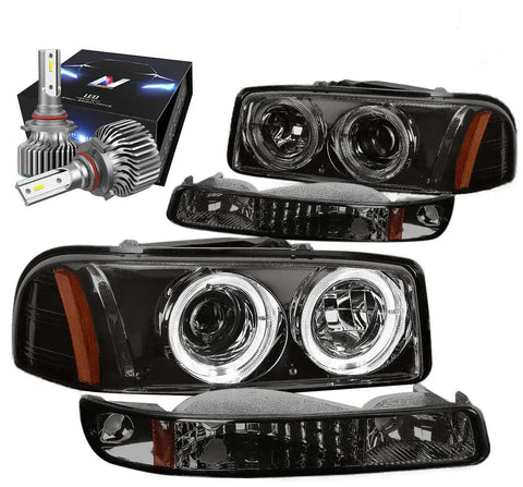 1999-2007 Gmc Sierra 2X Halo Projector Headlight W/Led Kit Slim Style Smoked DNA MOTORING