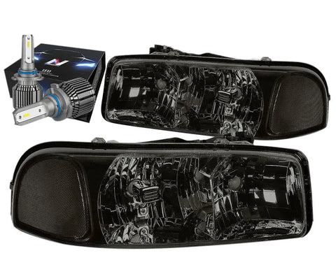 1999-2007 Gmc Sierra Yukon Xl Headlight Lamps W/Led Kit+Cooling Fan Smoked DNA MOTORING
