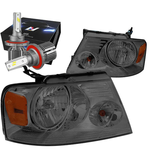 2004-2008 Ford F150/Mark Lt Crystal Headlight Lamps W/Led Kit+ Fan Smoked DNA MOTORING