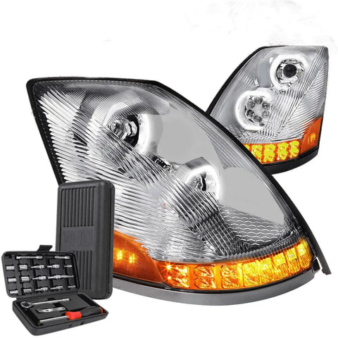2004-2018 Volvo Vn Vnl Led Drl Sequential Chrome Projector Headlights+Tools DNA MOTORING