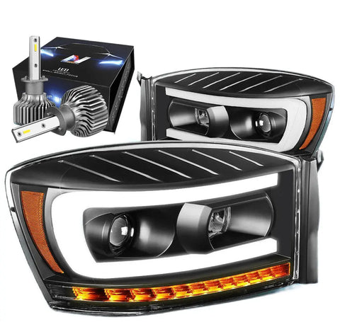 2006-2008 Ram 1500 Sequential Projector Headlight W/Led Kit Slim Style Black DNA MOTORING