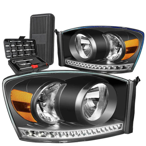2006-2009 Dodge Ram Led Drl Black Housing Amber Signal Headlight Lamps+Tools DNA MOTORING