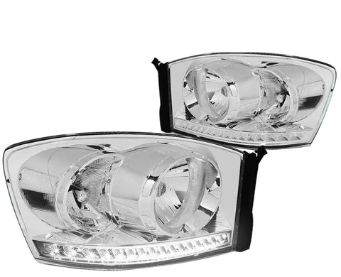 2006-2009 Ram Truck Led Drl Strip Front Driving Headlight Lamps Chrome Clear DNA MOTORING